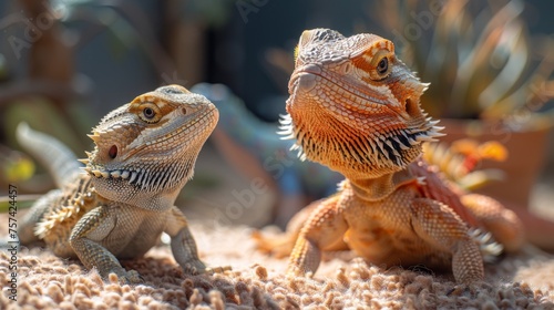 A bearded dragon lizard sitting on a warm, sunny spot on the carpet, next to its open terrarium, with a child's toy dinosaur positioned as if they are having a silent conversation