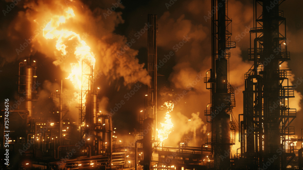 An industrial skyline with fiery flares lighting up the night's darkness.