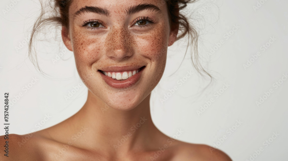 Radiant young woman with sun-kissed freckles smiling warmly. Radiant young woman with sun-kissed freckles smiling warmly.