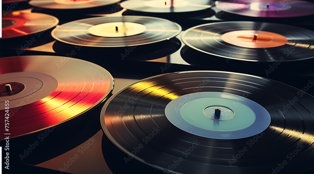 collection of vinyl records illuminated by a soft, ambient light  - obrazy, fototapety, plakaty 