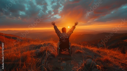 A boy in a wheelchair on a grassy knoll, with his hands raised high, facing a breathtaking sunset that paints the sky and the mountainous horizon in shades of orange