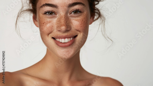 Radiant young woman with sun-kissed freckles smiling warmly.