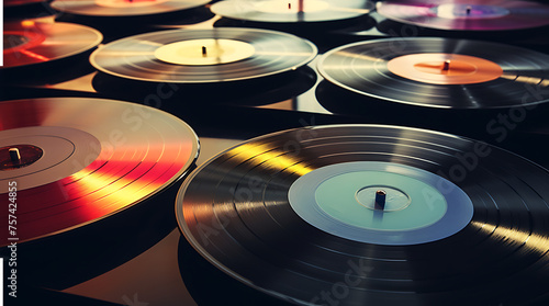 collection of vinyl records illuminated by a soft, ambient light  photo