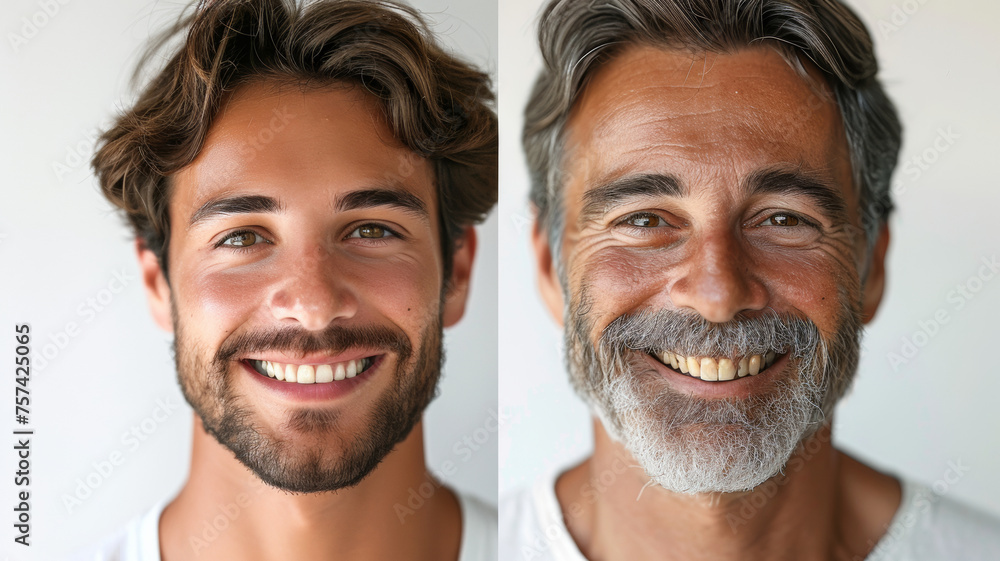 Side-by-side portraits of a joyful young man and a smiling elderly gentleman. Side-by-side portraits of a joyful young man and a smiling elderly gentleman.