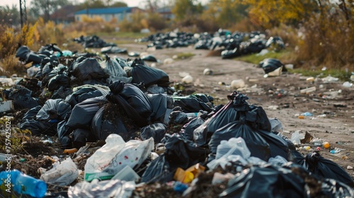 A vast garbage dump site overwhelmed with heaps of black plastic bags, illustrating the environmental issue of consumerism and the challenges of unsorted waste management. photo