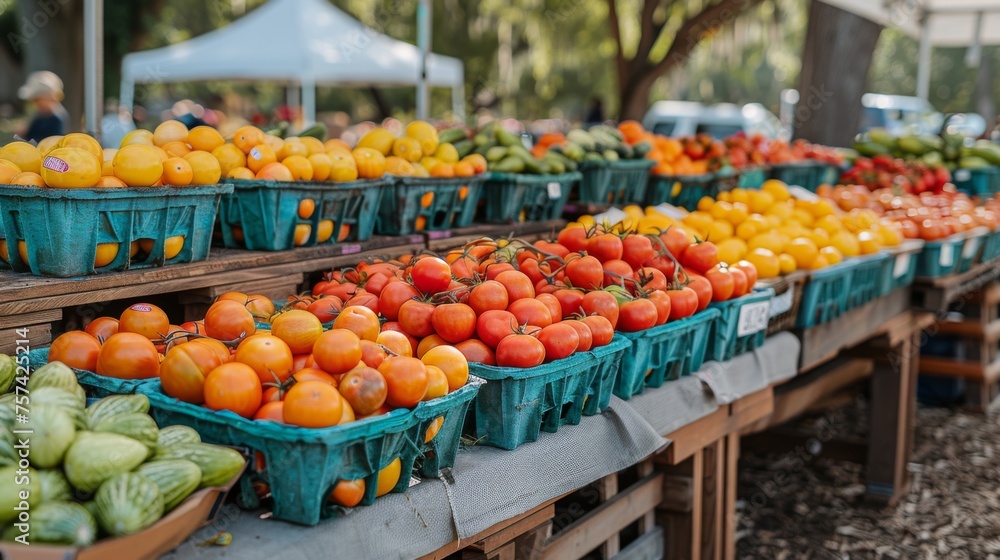 A bustling outdoor farmers' market, showcasing the abundance of summer produce like tomatoes, corn, and peaches