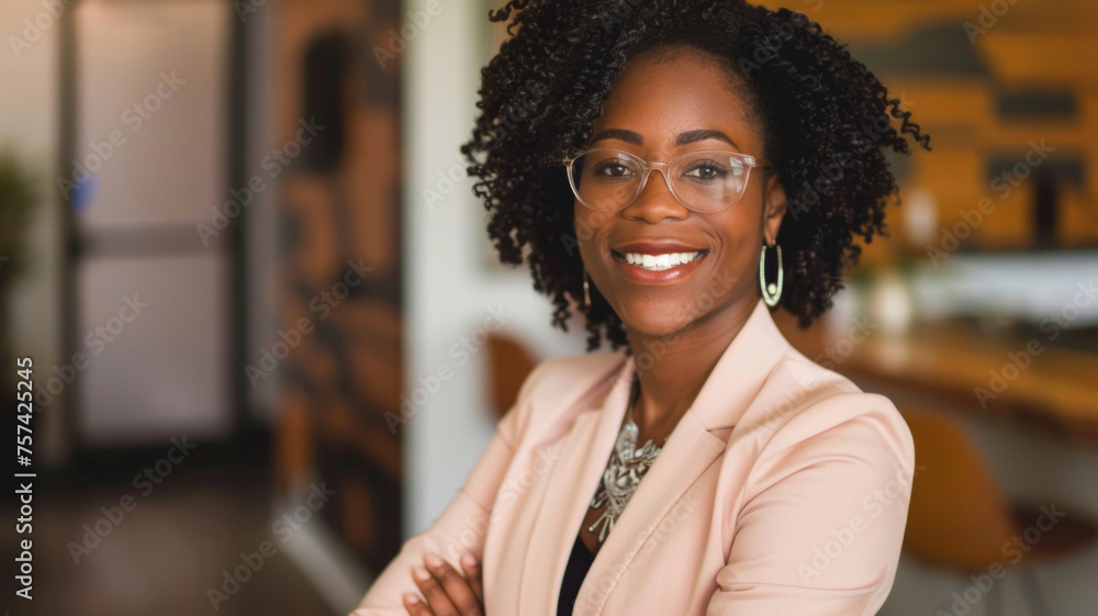 Confident professional woman smiling brightly in a modern business setting. Confident professional woman smiling brightly in a modern business setting.