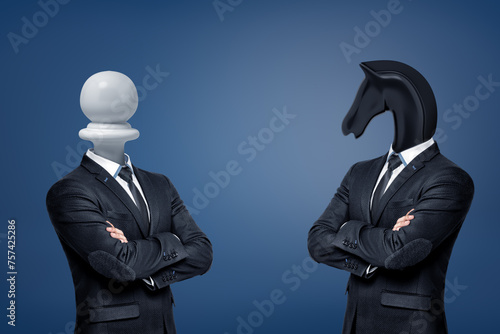 Chess pieces with human suits and animal heads