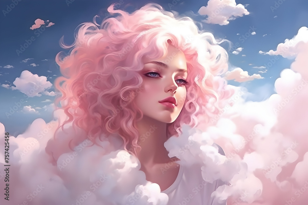 A woman with pink hair sits among cumulus clouds in the electric blue sky