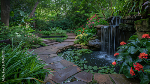 A Lush Green Garden Sanctuary with a Refreshing Waterfall