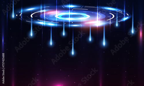 Futuristic technology HUD portals, holograms teleport on cyberspace. Hologram podium. Sci-Fi glowing HUD circle display interface. Magic warp gate. Metaverse and cyberspace concept. Tech Vector EPS10.