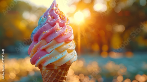 A close-up of a colorful ice cream cone melting in the summer heat, with a blurred background of a sunny park, epitomizing the sweet relief from the heat