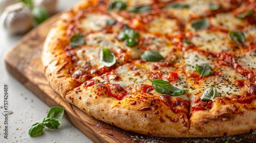 A close-up of a classic margherita pizza on a wooden board, positioned on the bottom right corner, with a soft, light background offering space for text above and to the left