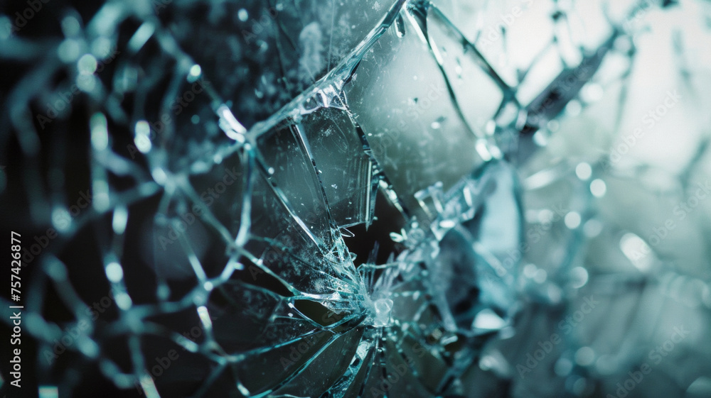 Intricate patterns of a shattered glass pane with a focus on details. Intricate patterns of a shattered glass pane with a focus on details.