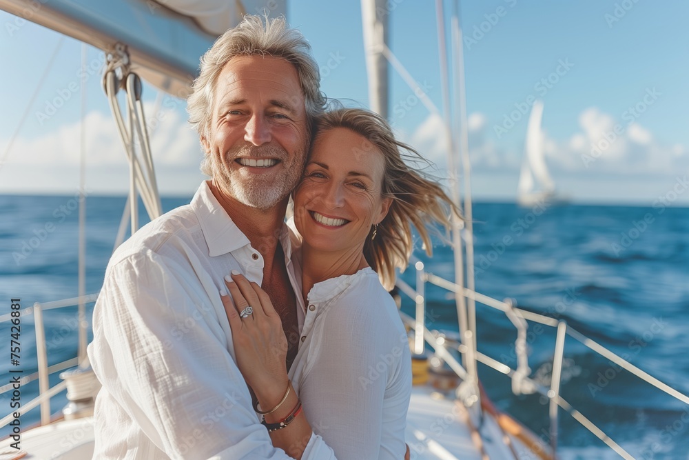 A man and a woman are embracing on a sailboat as they cruise through the ocean. They are happy, smiling under the vast sky, enjoying the leisurely travel on the watercraft