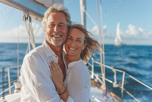 A man and a woman are embracing on a sailboat as they cruise through the ocean. They are happy, smiling under the vast sky, enjoying the leisurely travel on the watercraft