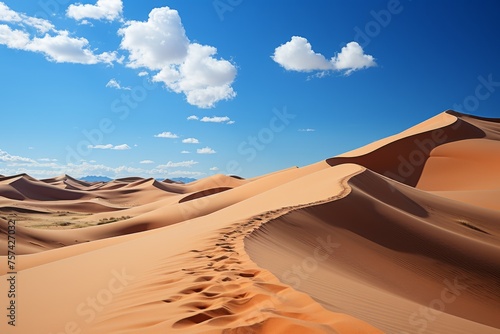 Aeolian sand dunes rise against a blue sky in the desert landscape