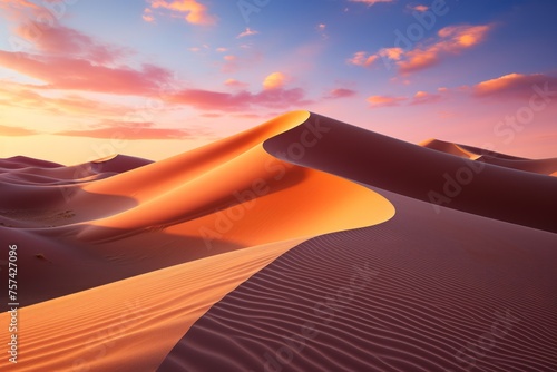 A sand dune in the desert at sunset, under a colorful afterglow sky