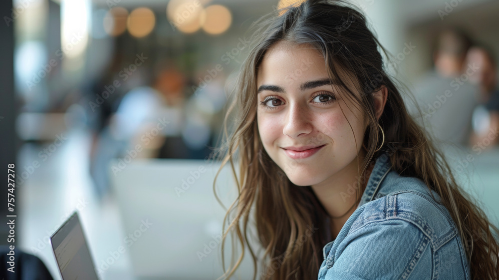 Casual young woman smiling sincerely in a busy cafe environment.