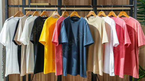 Colorful collection of casual T-shirts on a clothing rack. © VK Studio