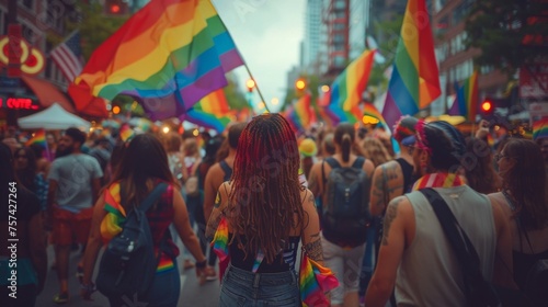 A colorful Pride parade with rainbow flags, symbolizing equality and acceptance for the LGBTQ+ community. © Алексей Василюк