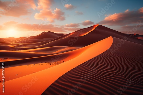 A sand dune in a desert ecoregion under the orange afterglow sky at sunset