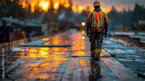 A construction worker in reflective gear stands atop a nearly completed roof structure, measuring and marking areas for final adjustments. The early morning light casts long shadows, emphasizing 