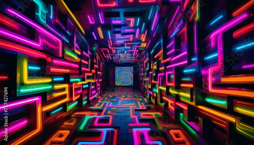 A photograph of a VR escape room with neon corridors and fragmented mirrors