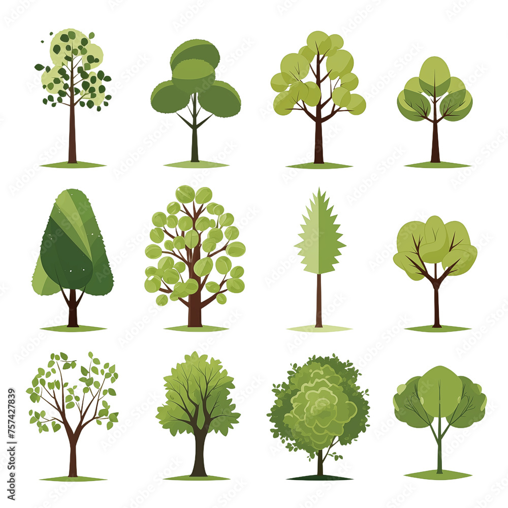 Fototapeta premium Collection of Stylized Green Tree Illustrations for Nature Design