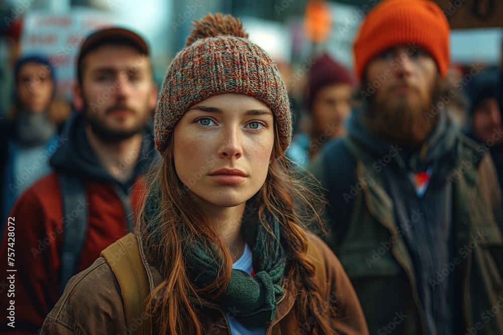 A serious young woman stands out at an outdoor rally, wearing a brown knitted beanie and a determined expression A serious young woman stands out at an outdoor rally, wearing a brown knitted beanie and a determined expression