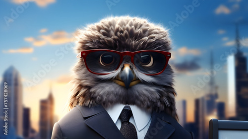 A bird wearing glasses and a suit is standing in front of a city skyline