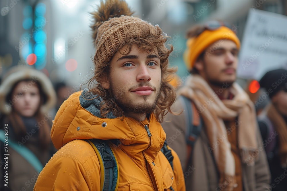 Portrait of a contemplative young man with curly hair in a yellow winter jacket at an outdoor protest
