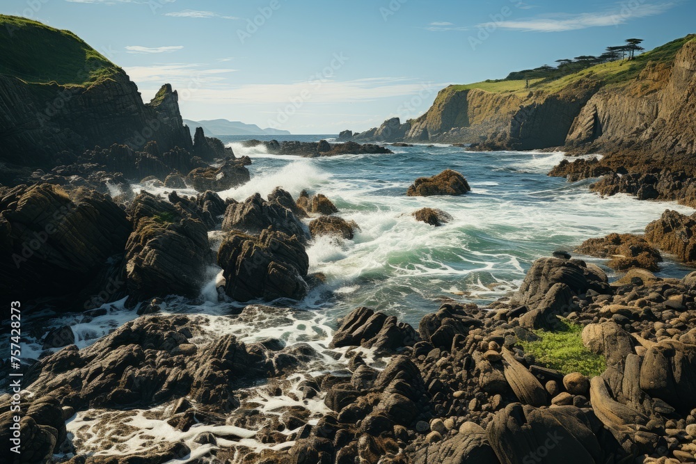 A dynamic coastal scene with waves crashing on rocky terrain under a cloudy sky