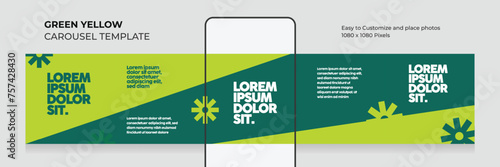 Geometric carousel template. social media seamless square post. healthy. food. green. yellow. microblog. modern. clean. minimal. advertising. leaflet. brand. eps vector illustration