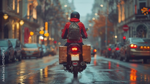 A delivery person on a motorcycle swerving to avoid a pothole, packages secured on the back, emphasizing the additional risks and challenges faced by those working on the road in a city 
