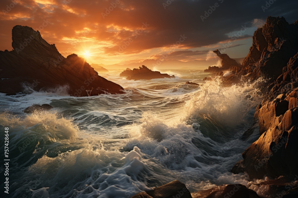 the sun is setting over the ocean and the waves are crashing against the rocks