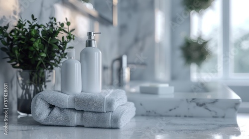 Modern bathroom white marble design with shampoo bottle and towels on space background. AI generated