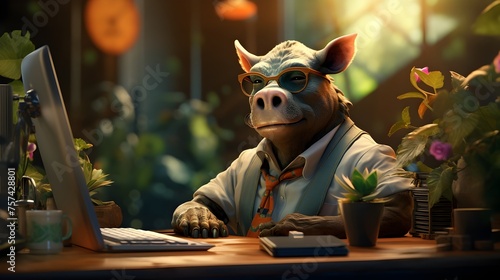 A pig wearing glasses sits at a desk in front of a computer