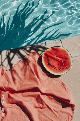 Summer background with sun ray shadows, watermelon, and coral color towel on the edge of the pool.