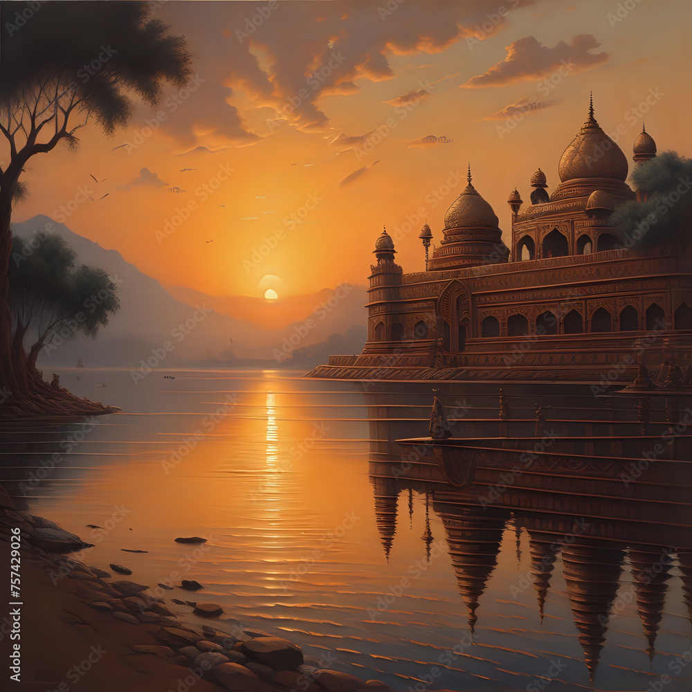 Indian landscape  with sunset over the river