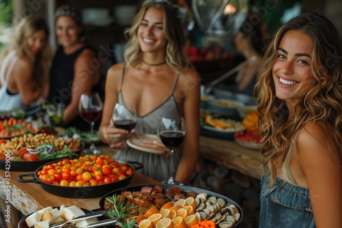 Two women with wine glasses smile at a gathering, food and friends in the background
