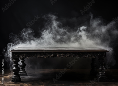 Mysterious Fog and Smoke On Table Top In Black Dark Background For Product Montage