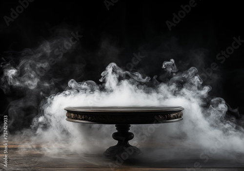 Mysterious Fog and Smoke On Table Top In Black Dark Background For Product Montage