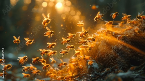 A dynamic image showing the flight path of bees entering and exiting the hive, with a long exposure to create trails of movement. 