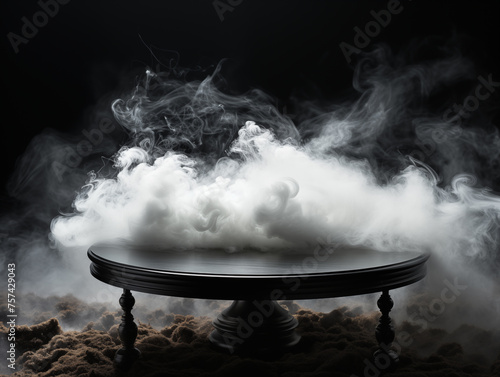 Mysterious Fog and Smoke On Table Top In Black Dark Background For Product Montage
