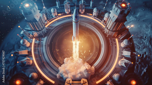 Fototapeta Naklejka Na Ścianę i Meble -  Rocket rises above futuristic cityscape, glowing with neon lights and digital interfaces symbolizing advanced space travel technologies