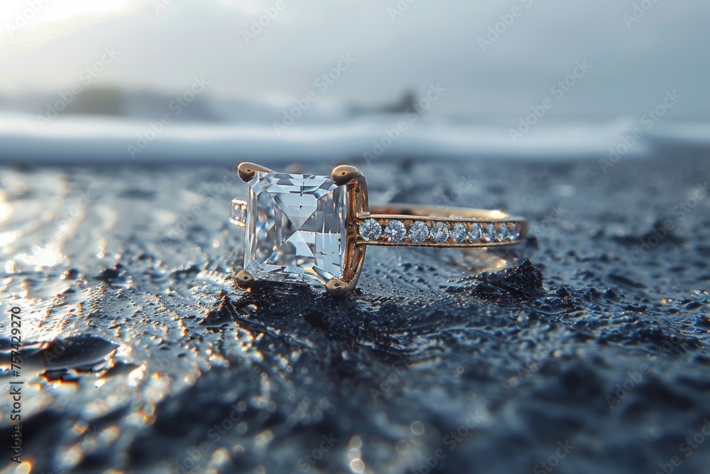 A classic red white engagement ring with a large square diamond close-up stands in the black sand A classic red white engagement ring with a large square diamond close-up stands in the black sand