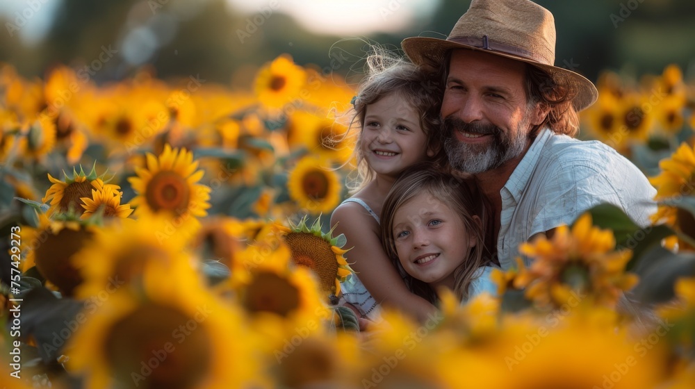 A family enjoying a late summer picnic in a blooming sunflower field, capturing the essence of August's warmth. A family enjoying a late summer picnic in a blooming sunflower field, capturing the essence of August's warmth.