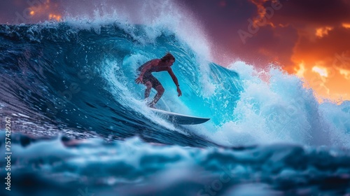 A dynamic water sports image, capturing a surfer riding a towering wave, with the spray of the water and the intensity of the moment emphasizing action and adventure 