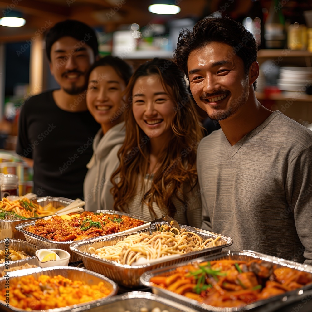 Happy group of young adults sharing a variety of dishes in a vibrant setting Happy group of young adults sharing a variety of dishes in a vibrant setting
